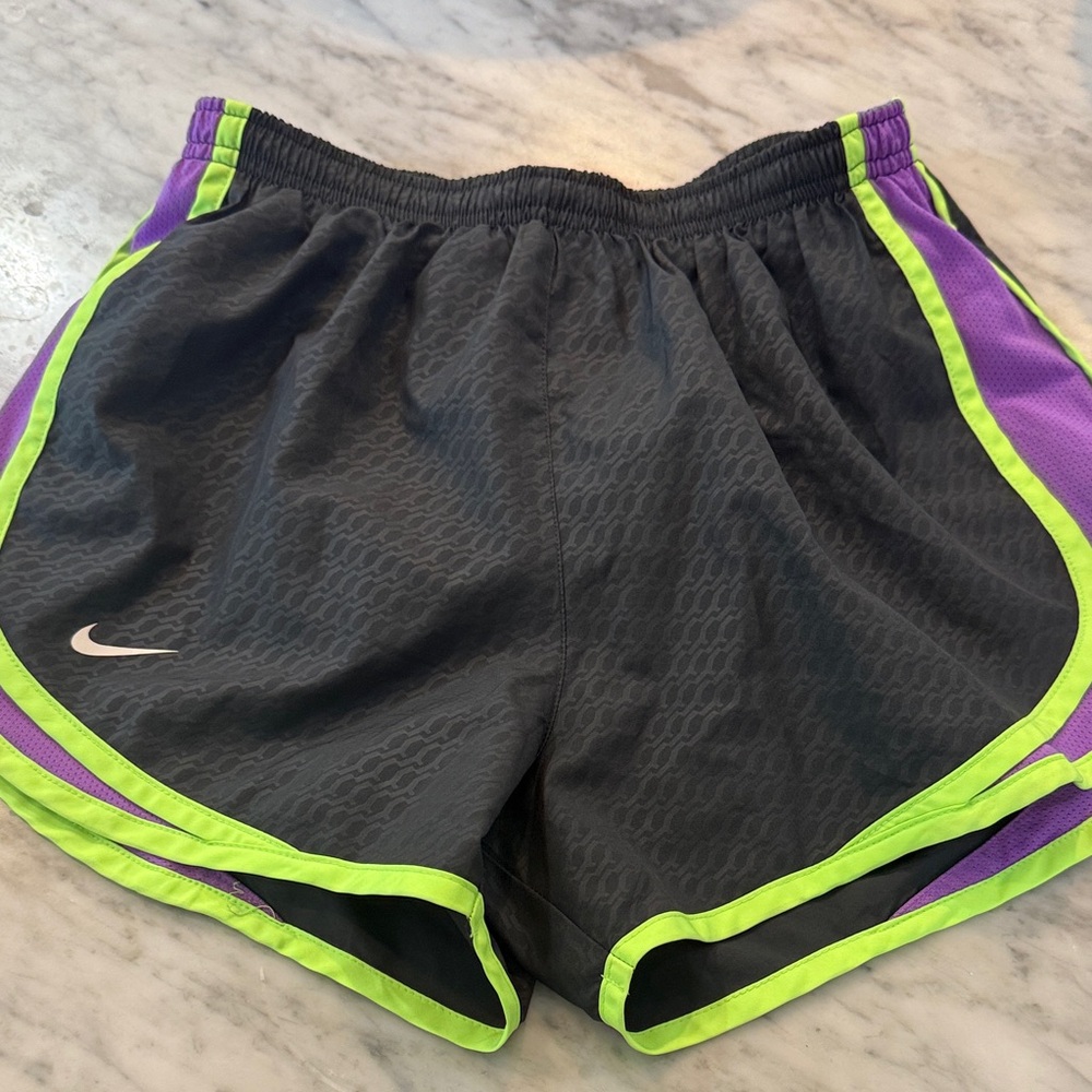Nike Women's Black and Purple Athletic Shorts with Neon Green Trim
